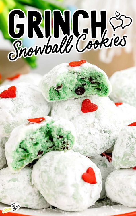 Grinch Snowball Cookies - Spaceships and Laser Beams Classic Snowball Cookies, Christmas Platters, Snowball Cookie, Grinch Cookies, Snowball Cookie Recipe, Spaceships And Laser Beams, Snowball Cookies, Cookie Swap, Buttery Cookies