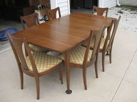 The dining table and chairs are Broyhill Brasilia. I reupholstered the chairs in a geometric aqua fabric. Broyhill Brasilia Dining, Mod Aesthetic, Broyhill Brasilia, Dining Table And Chairs, Aqua Fabric, Mid Mod, Century Furniture, Mid Century House, Mid Century Furniture