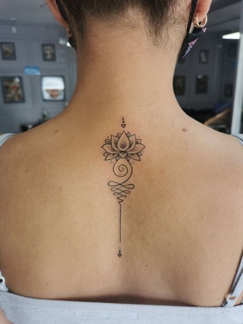 195+ Meaningful Unalome Tattoo Ideas (2023) - TattoosBoyGirl Strength Neck Tattoo, Tattoo Designs Taurus, Lotusblume Tattoo, Spine Tattoo Ideas, Tattoos Infinity, Unalome Tattoo, Om Tattoo, Back Of Neck Tattoo, Tattoos Geometric