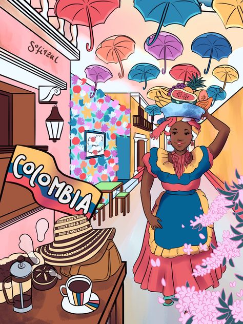 colombia, cafe, sombrero volteao, frutas tropicales, paletera, cartagena. Colombian Art Culture, Colombia Illustration, Colombia Art, Colombian Culture, Colombian Art, Latino Art, Travel Journal Scrapbook, Trophy Design, Caribbean Art