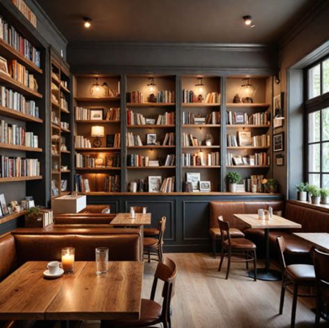 Coffee Shop Library Aesthetic, Cozy Bookstore Aesthetic Coffee Shop, Small Bookstore Cafe Aesthetic, Coffee Library Aesthetic, Coffee And Book Shop Aesthetic, Library And Coffee Shop, Book Bar Design, Cozy Bookstore Interior, Moody Bookstore