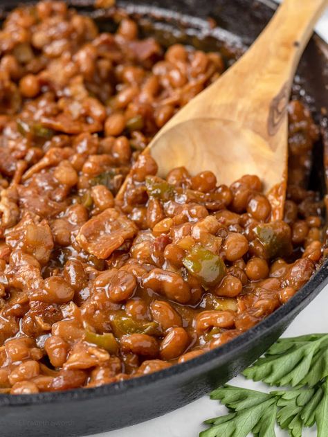 Smoked Baked Beans with Bacon - Entirely Elizabeth Smoked Baked Beans In Smoker, Smoked Baked Beans, Entirely Elizabeth, Baked Beans With Bacon, Small Slow Cooker, Lemon Pepper Wings, Bean Recipe, Bbq Sides, Side Dishes For Bbq