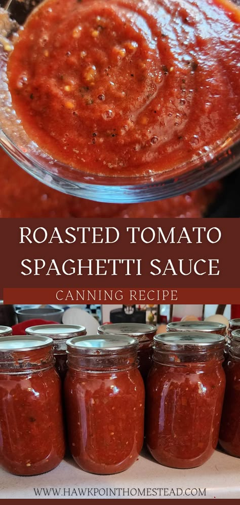 This homemade roasted tomato spaghetti sauce canning recipe is so delicious and a great recipe to make flavorful sauce that can be ready on your shelves for any pasta dish! You’ll love the rich, savory sauce made from simple ingredients. It is so rewarding to make your own delicious spaghetti sauce from your fresh homegrown tomatoes! Roasted Tomato Spaghetti Sauce, Spaghetti Sauce Canning Recipe, Spaghetti Sauce Canning, Roasted Tomato Spaghetti, Canning Pasta Sauce, Canning Homemade Spaghetti Sauce, Canned Tomato Recipes, Tomato Canning, Tomato Spaghetti