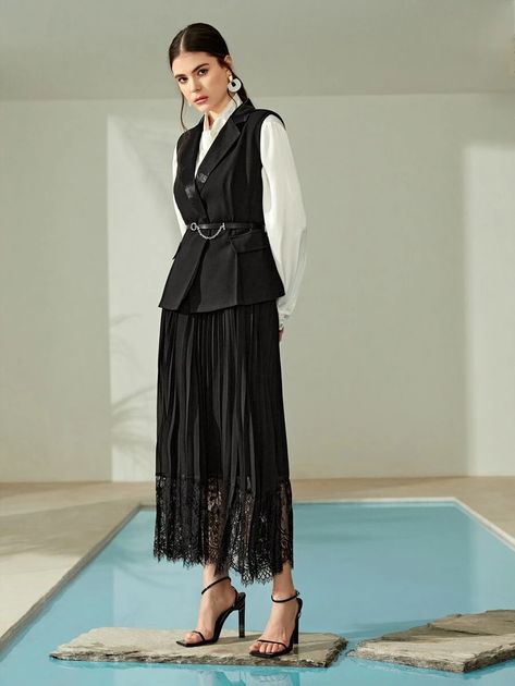 Lapel Collar Belted Waistcoat With Contrast Lace Pleated Skirt Without Blouse | SHEIN USA Waistcoat With Skirt, Waistcoat And Skirt, Women Waistcoat, Neutral Wardrobe, Winter Ball, Maxi Skirt Outfits, Winter Formal, Midi Skirts, Coat Outfits