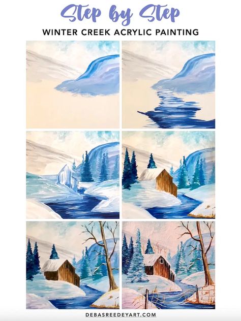 Winter Creek Acrylic Painting - with Cabin - Step By Step For Beginners Scenery Painting Acrylic Easy Step By Step, Paint Winter Scenes, January Painting Ideas For Kids, How To Paint Winter Scene Step By Step, Easy Winter Scenes To Paint, Paint Night Ideas Step By Step Christmas, Winter Paintings On Canvas Acrylics Easy, Winter Paintings Easy, Acrylic Winter Scene Paintings