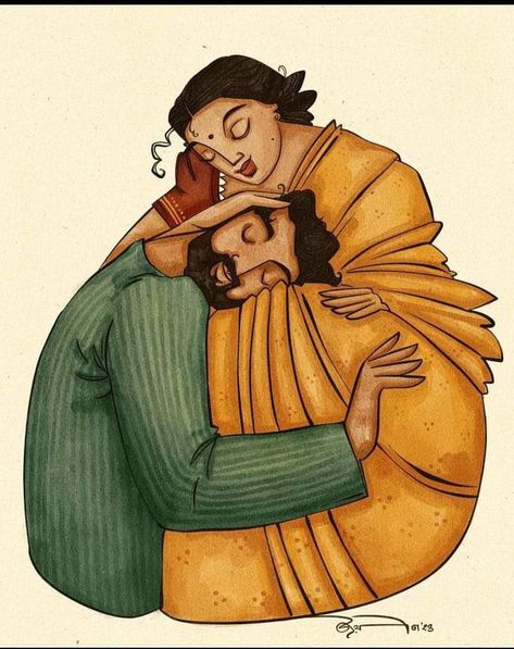 Bangla Art Painting, Bengali Drawing Ideas, Indian Illustration Funny, Bengali Couple Sketch, Bengali Couple Illustration Drawing, Joyeeta Art, Bengali Art Sketch, Indian Aesthetic Drawing, Couple Illustration Aesthetic