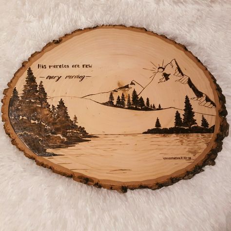 Lamentations 3:22-23, Woodburning, Pyrography, Bible Verse Art, Sunrise, Mountains, Trees, Lake Pyrography Trees And Mountains, Wood Burn Bible Verse, Mountains Wood Burning, Wood Burning Mountain Scene, Wood Burning Trees, Easy Woodburning Ideas, Mountain Wood Burning, Nature Wood Burning, Burning Mountain