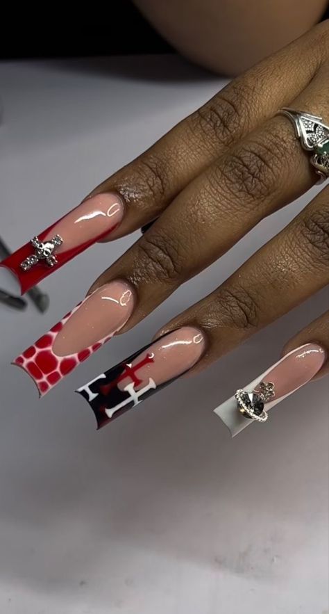 Freestyle Sets Nails, Acrylic Red Bottom Nails, Long Tapered Square Nails Red, French Freestyle Nails, Birthday Nails Freestyle, Mariah The Scientist Nails, 20 Birthday Nails Acrylic, Red Freestyle Acrylic Nails, Freestyle Set Nails