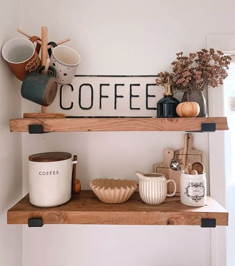 coffee bar essentials Coffee Bar Station, Coffee Bar Ideas, Farmhouse Coffee Bar, Coffee Bar Design, Coffee Container, Home Coffee Stations, Coffee Bars In Kitchen, Fall Kitchen Decor, Bar Shelf