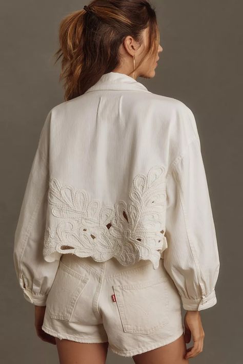 Cropped Shacket, Entry Styling, Creative Outfits, Embroidery Boutique, Timeless Wedding Dress, White Jeans Outfit, Cutwork Embroidery, Women Office, Designs For Dresses