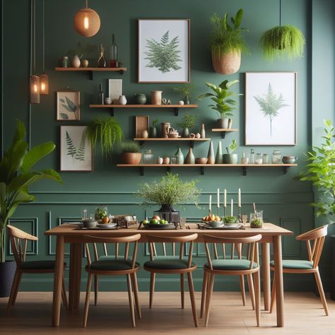 Boho Dinner Room, Plant Wall Dining Room, Green And Gold Dining Room, Dark Green Dining Room, Dining Room Green, Living Wall Indoor, Green Walls Living Room, Gold Dining Room, Living Room Redesign