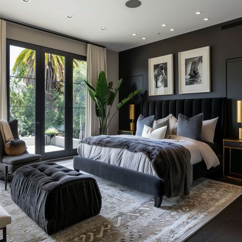 Master Bedrooms Charcoal, Luxury Farmhouse Bedroom Master, Black Bed Interior Design, Bedroom One Black Wall, Black Glass Bedroom Furniture, Bedroom Ideas Balcony, Black And Light Gray Bedroom, Atlanta Homes Bedroom, Black And Grey Master Bedrooms Decor