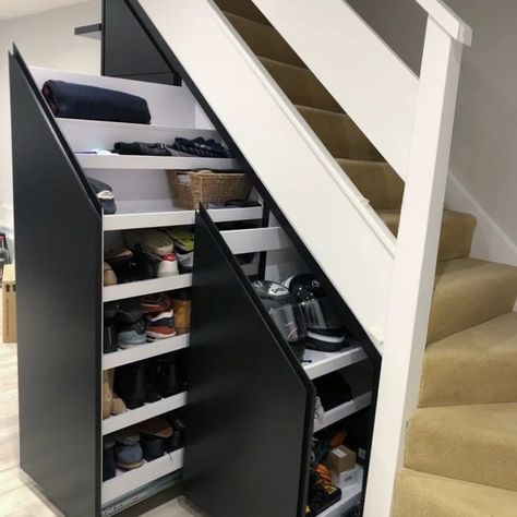 Bar Under Stairs - Photos & Ideas | Houzz Shoe Rack Under Stairs, Under Staircase Ideas, Small Home Bar, Bar Under Stairs, Under Stairs Storage Ideas, Stairs Storage Ideas, L Shaped Shelves, Small Bars For Home, Under Stairs Storage