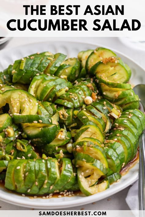 Cool and refreshing Asian cucumber salad! Full of flavor, and easy to throw together in a few simple steps. The perfect side dish or healthy lunch recipe. Asian Cucumber Recipe, Spicy Cucumber Salad, Asian Cucumber Salad, Asian Salad, Cucumber Recipes Salad, Cucumber Recipes, Healthy Food Choices, Healthy Lunch Recipes, Cucumber Salad