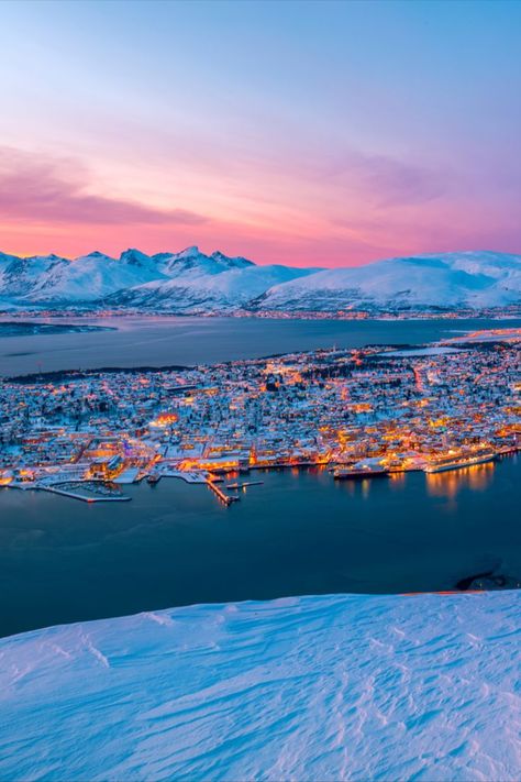 Pink sunset over a snowy and frosty Tromsø Tromso Norway Aesthetic, Tromso Aesthetic, Norway Tromso, Tromsø Norway, Norway Aesthetic, Tromso Norway Winter, Norway Winter, Tromso Norway, North Europe