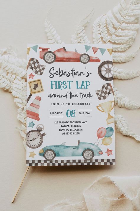 Racing Birthday Invitations, Car Theme 1st Birthday Party, Car Theme First Birthday Party, Fast 1 Birthday Party, Formula One Birthday, Racing First Birthday Party, Race Car First Birthday Party Ideas, First Birthday Car Theme, 1st Lap Around The Track Birthday