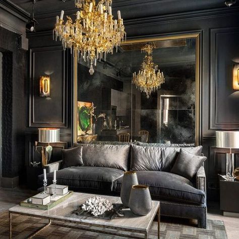 Follow us on instagram for daily inspiration on luxury and trendy decor full of glamour! #interiordesign #inspiration #architecture #design #decor #home #homeinspiration #homeinteriors #homedesign #roomdesign Black And Gold Lounge, Black And Gold Living Room Ideas, Cozy Contemporary Living Room, Black Walls Living Room, Black Sofa Living Room Decor, Black Sofa Living Room, Glamour Living Room, 90s House, Cozy Contemporary