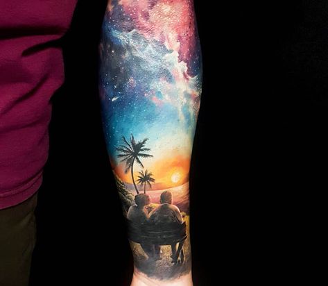 Sky Tattoos, Nature Tattoo Sleeve, Heaven Tattoos, Sunset Tattoos, Full Arm Tattoos, Hawaiian Tattoo, Beach Tattoo, Tatuaje A Color, Space Tattoo