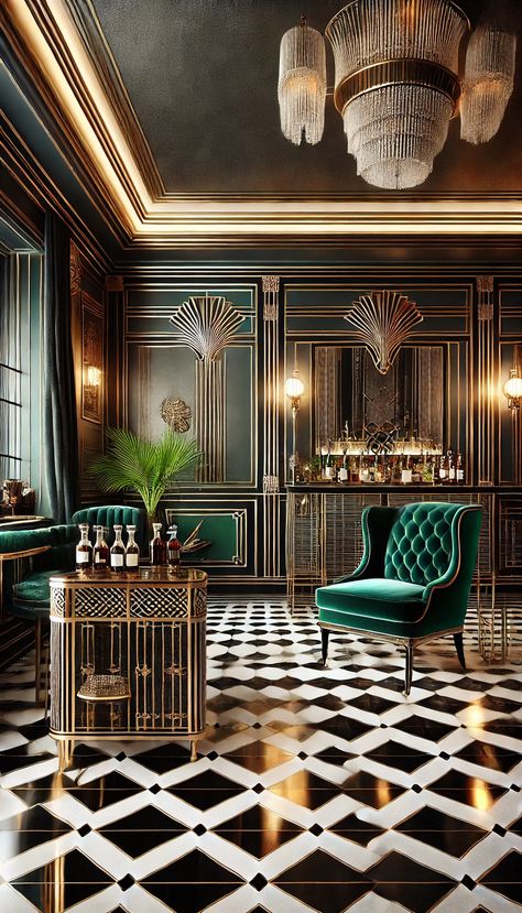 Art Deco interior with bold geometric patterns, sleek furniture, and glamorous design elements. Art Deco Emerald Green, Art Deco Hair Salon, 1920 Decor Interior Design, Art Nuevo Interior, Art Deco Revival Interior, 1920s Decor Interior Design, 1920s Art Deco Aesthetic, Art Deco Hotel Lobby, Art Deco Exterior Home