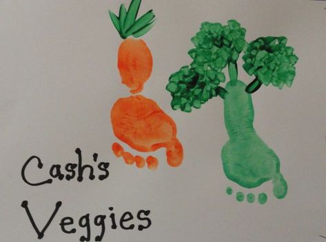 Foot Prints Carrot and Broccoli.  Great crafts for preschoolers and toddlers. Vegetable Crafts, Veggie Art, Baby Art Projects, Footprint Crafts, Toddler Arts And Crafts, Daycare Activities, Footprint Art, Handprint Crafts, Daycare Crafts