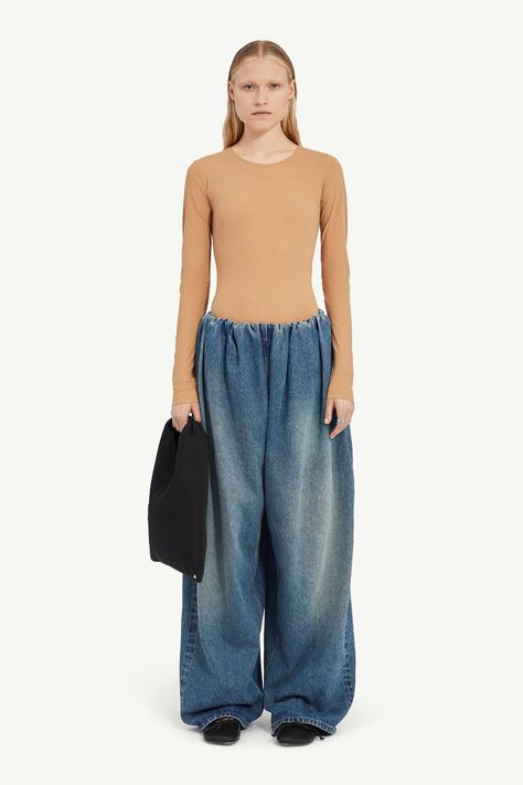 Pants collection for women | MM6 - Maison Margiela Tailored Jeans, Tailoring Jeans, Denim Wide Leg, Vintage Swimwear, Knitwear Dress, Denim Trousers, Womens Size Chart, Wide Leg Denim, Dress First