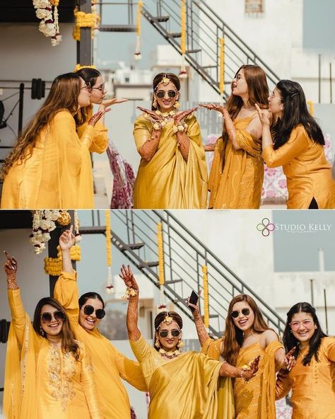 Haldi Photoshoot With Friends, Haldi Photography Ideas, Mehendi Photoshoot, Haldi Dresses, Sisters Photography Poses, Haldi Poses For Bride, Haldi Photoshoot, Haldi Ceremony Outfit, Bridesmaid Poses