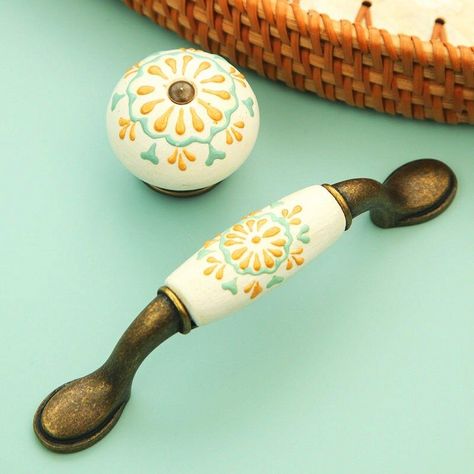 Hand Painted Ceramic wood handmade knobs,cabinet pulls,furniture knobs,Kitchen Cabinet Door Handles, Cupboard Knobs White Ceramic Cabinet Knobs, Kitchen Cabinet Hardware Boho, White Dresser With Fun Knobs, Cute Drawer Handles, Boho Kitchen Cabinet Hardware, Cute Drawer Pulls, Colorful Cabinet Handles, Ceramic Cabinet Pulls, Eccentric Kitchen