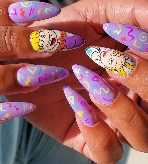 Chibi Nail Art, Rugrats Nail Art, Rugrats Nails, Summer 2023 Nail Colors, 2023 Nail Colors, Fresh Nail Designs, Nail Art Cartoon, Easter Nails Ideas, Pikachu Nails