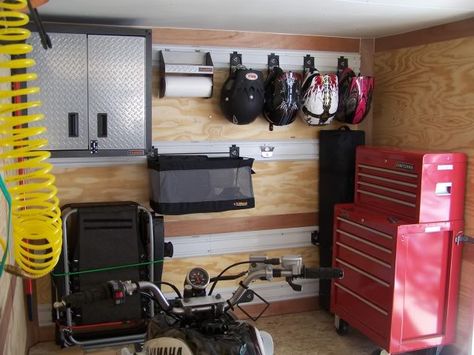 Toy Hauler / Enclosed trailer setups and ideas - Page 3 - Yamaha Raptor Forum Trailer Setup Ideas, Motocross Trailer, Enclosed Trailer Ideas, Moto Trailer, Trailer Cabinets, Enclosed Motorcycle Trailer, Trailer Shelving, Quad Trailer, Hunting Trailer