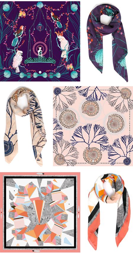 silk scarf illustrations by artist Coco, from her line called Forget Me Not. Silk Scarf Pattern Design, Scarf Design Ideas, Print Scarf Design Ideas, Printed Scarf Design Pattern Silk Scarves, Scarf Photography, Pattern Scarf Silk, Print Scarf Design, Scarf Display, Luxury Artistic Silk Scarf