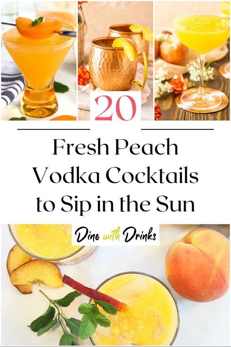 Collage of 4 fresh peach vodka cocktails. Peach Honey Cocktail, Peach Mint Cocktail, Peach Crush Cocktail, Fresh Peach Cocktail, Peach Mixed Drinks Alcohol, Fresh Peach Drinks Alcohol, Peach Cocktail Recipe Summer Drinks, Cocktails With Peach Syrup, Simply Peach Cocktail