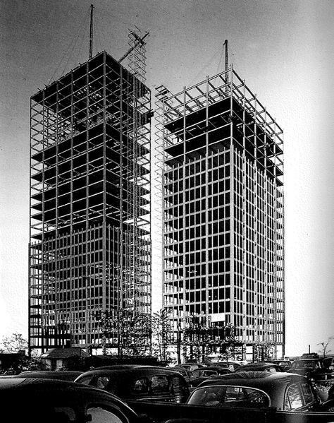 LUDWIG MIES VAN DER ROHE    LAKE SHORE DRIVE APARTMENTS UNDER CONSTRUCTION, 1950 International Style Architecture, Health And Safety Poster, High Building, Ludwig Mies Van Der Rohe, Lake Shore Drive, Landmark Buildings, Skyscraper Architecture, Lake Shore, American Architecture