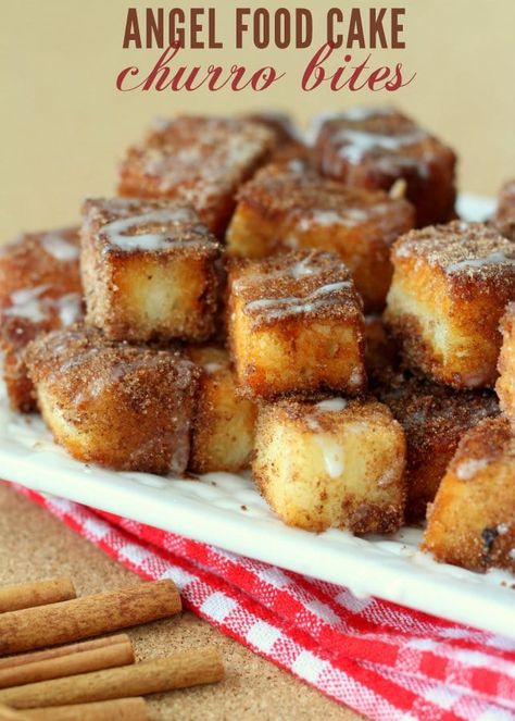 Delicious and Easy Angel Food Cake Churro Bites are a tasty sugar and cinnamon treat topped with glaze that the whole family will love! Easy Angel Food Cake, Churro Bites, Sara Lee, Dessert Bar Recipe, Cinnamon Oil, Cake Bites, Bar Recipe, Dessert Bar, Angel Food Cake