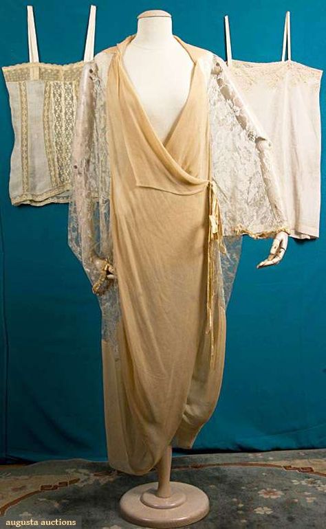 1890-1920 peach silk collar and edge trim, fine silk all-over lace peignoir, dolman sleeves, label, black on white "Entre Nous" and two 1920s silk camisoles Fashion Timeline, Tea Gown, Morning Dress, 1910s Fashion, Vintage Corset, Clothing And Textile, Silk Camisole, Corset Lingerie, Couture Vintage