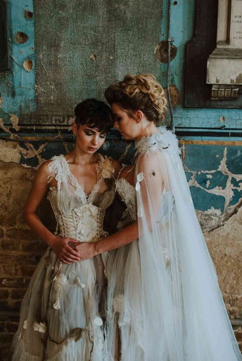 Lesbian Cottagecore Wedding Dress, Queer Women Wedding, Queer Wedding Aesthetic, Two Women Wedding, Cottagecore Lesbian Wedding, Queer Wedding Outfit, Lesbian Wedding Outfits, Queer Women, Cottagecore Wedding