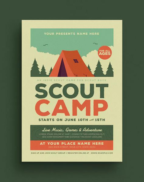 Camping Mood Board, Summer Camp Map, Camping Graphic Design, Camping Layout, Event Planning Flyer, Camp Brochure, Event Poster Inspiration, Camp Event, Dashboard Design Template