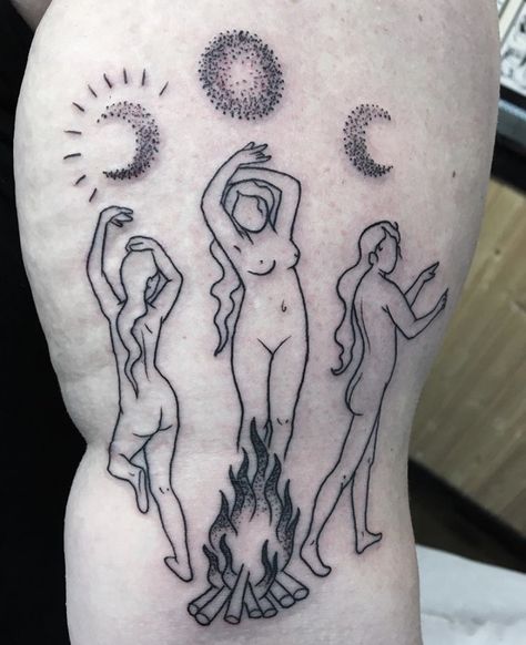 Wiccan tattoo Witchy Pagan Tattoo, Pagan Goddess Tattoo, Hecate Sleeve Tattoo, Witchy Friend Tattoos, Mother Maiden Crone Tattoo, Pagan Back Tattoo, Hecate Goddess Tattoo Simple, Coven Tattoos Witches, Coven Tattoos