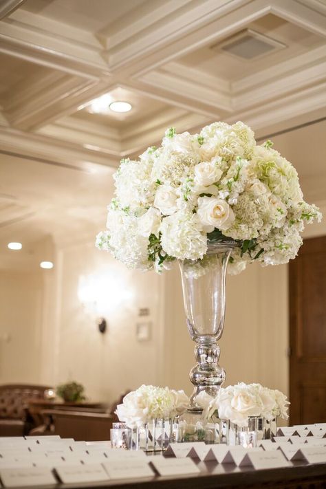 Glass Vase With Hydrangeas and Roses Church Wedding Decorations Rustic, Rose And Hydrangea Centerpiece, Tall Flower Arrangements, Classic White Wedding, Purple Bouquets, White Floral Arrangements, Peony Bouquet Wedding, Table Arrangements Wedding, Tall Wedding Centerpieces