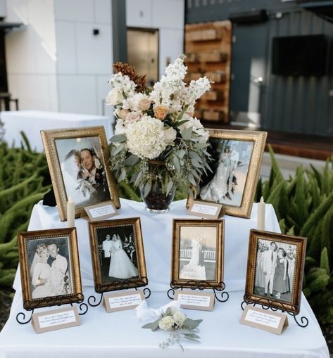 Wedding Centerpiece Arrangements, How To Incorporate Pictures In A Wedding, Family Table Wedding, Generations Of Love Table, Generations Of Love Wedding Table, Wedding Entry Table Ideas, Wedding Memory Table, Wedding Photo Table, Modern Industrial Wedding