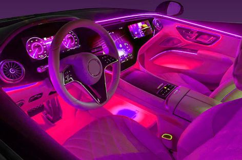 Pink Led Lights Car, Pink Led Car Interior, Pink And Purple Car Interior, Car Led Lights Interiors Pink, Inside Car Led Lights, Led Inside Car, Interior Pink Car, Led Light Car Interior, Pink Hellcat Interior