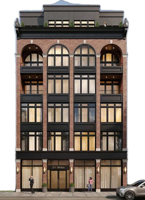 Modern Small Building, Modern Traditional Architecture, Condo Facade, Industrial Apartment Building, Hotel Facade Design Modern, Modern Hotel Exterior, Apartment Buildings, Apartment Building Design, Brooklyn Architecture