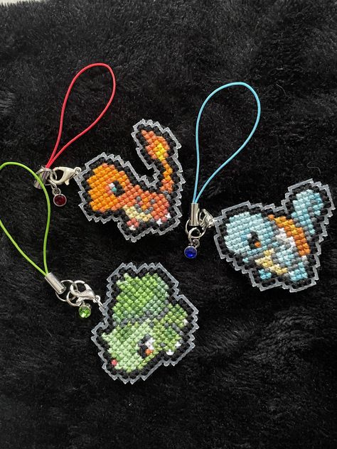 Stitch Keychains, Cross Stitch Keychain, Pokemon Bookmark, Pokemon Cross Stitch, Unique Cross Stitch, Art Pokemon, Cross Stitch Tutorial, Cross Stitch Cross, Stitch Cross Stitch