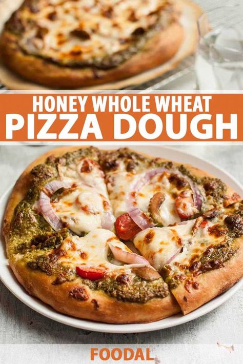 This Honey Whole Wheat Pizza Dough Recipe is easy to make, and is so worth the little bit of extra time. Get the recipe along with pizza making tips now on Foodal. #wholewheat #pizzadough #crust #homemadepizza #foodal Pizza Dough Recipe Honey, Pizza Dough With Bread Flour, Whole Wheat Pizza Dough Recipe, Healthy Pizza Dough, No Rise Pizza Dough, Calzone Recipes, Pizza Crust Recipe Easy, Wheat Pizza Dough Recipe, Whole Wheat Pizza Dough