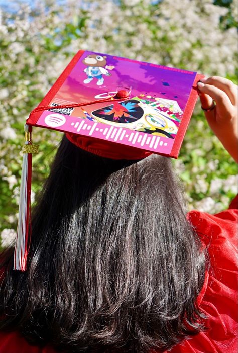 Album Cover Grad Cap, Grad Cap Decor, Scan Code, Graduation Cap Decoration Diy, College Graduation Cap Decoration, Senior Stuff, Grad Cap Designs, Cap Decoration, Graduation Cap Designs