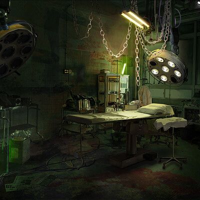 Abandoned Hospital Concept Art, Haunted House Laboratory, Creepy Surgery Room, Abandoned Operating Room, Operating Room Halloween Decorations, Underground Laboratory Concept Art, Environments Concept Art, Halloween Operating Room, Mad Scientist Lab Concept Art