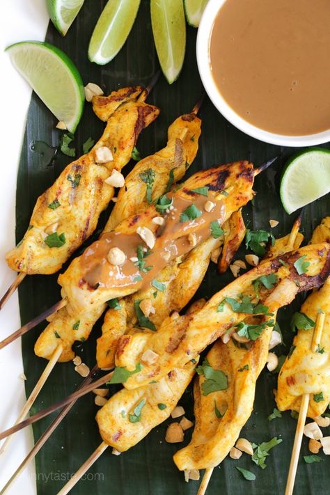 Grilled Chicken Satay, Satay Skewers, Thai Chicken Satay, Chicken Satay Skewers, Peanut Sauce Recipe, Shish Kabobs, Spicy Peanut Sauce, Chicken Satay, Spicy Peanuts