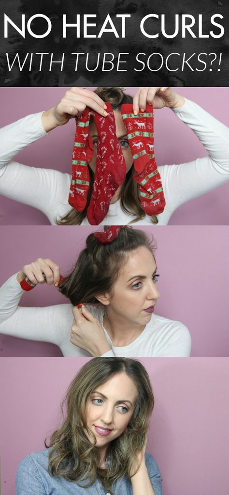 Genius and easy way to get loose, voluminous curls! No heat curls with tube socks! This worked in only 5 hours for me! Curling Hair With Socks Short Hair, Using Socks To Curl Hair, Curling Hair With Socks, Easy Overnight Curls, Heat Free Curls, No Heat Curls, Hair Wellness, Sock Curls, Heat Curls