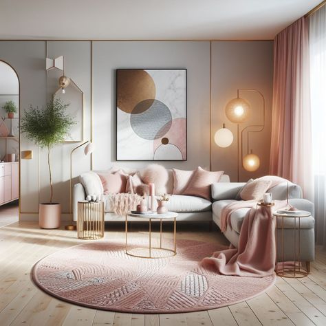 "Skandinavisk stueindretning med pink-grå-guldpalet, marmoraccenter, smart design, miljøvenligt rødt tæppe i en hyggelig villa." Light Grey And Pink Living Room, Dusty Pink Interior Design, Pink And Gold Room Ideas, Gold And Pink Room, Pink Living Room Aesthetic, Gold Room Ideas, Living Room Ideas Pink, Pink And White Living Room, Grey And Gold Living Room