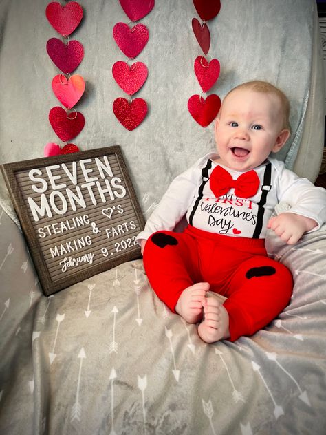 #February #Milestone #letterboard #babyboy #babymilestone #valentinesday #love February Milestone Baby Picture, Prince Photoshoot, 7 Months Baby Photoshoot, Baby Holiday Pictures, Valentines Baby Photoshoot, Milestone Ideas, 7th Month, 7 Month Baby, Valentines Baby