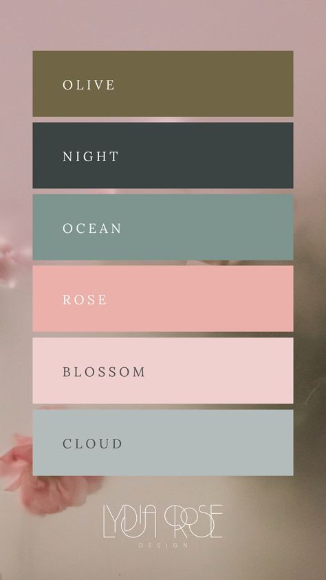 This contains a colour palette made up of olive green, dark night green, ocean teal, rose pink, soft pink and grey. Dusty Pastels Colour Palettes, Dusky Pink Colour Scheme, Dusky Colour Palette, Sage Green And Pink Palette, Pale Pink Color Combinations, Calming Home Colors, Pink Sage Color Palette, Modern Colour Palette Inspiration, Pink And Green Branding Colour Palettes